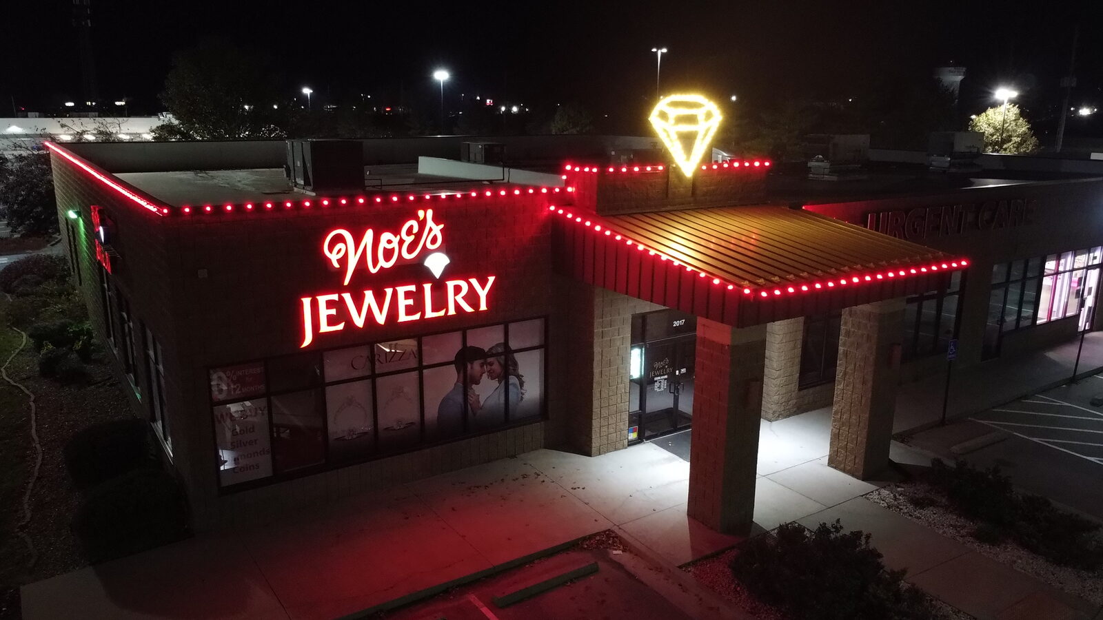 Drone aerial photo of Christmas lights on residential property